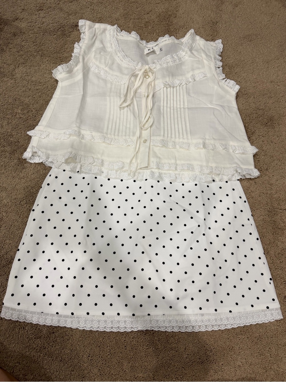 White Polka Dot Skirt & Babydoll Top - Vietnamese Local Brand, Size M